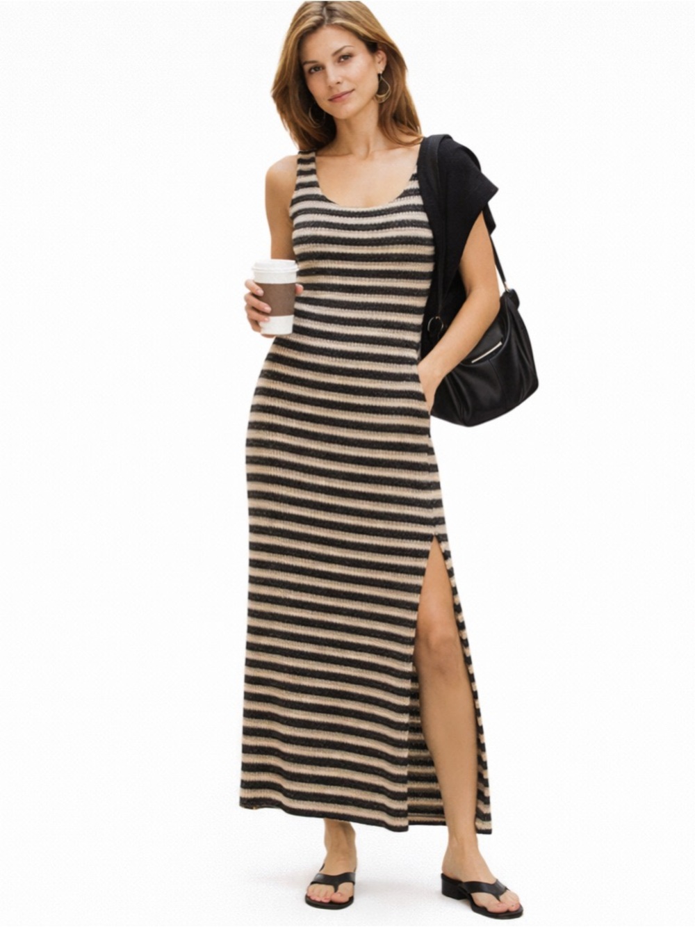 Vintage‎ 90s Striped Knit Maxi Dress Slit Bodycon Minimalist